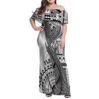 Fiji Rugby Personalised Bula Masi Family Matching Off Shoulder Maxi Dress and Hawaiian Shirt Fish Tail Kaivity Cibi - White