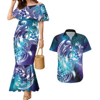 Aloha Hawaii Turtle Couples Matching Mermaid Dress and Hawaiian Shirt Teal Purple Ribbon - Polynesian Pride