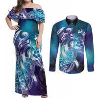 Aloha Hawaii Turtle Couples Matching Off Shoulder Maxi Dress and Long Sleeve Button Shirt Teal Purple Ribbon - Polynesian Pride