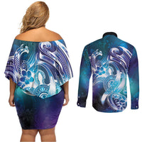 Aloha Hawaii Turtle Couples Matching Off Shoulder Short Dress and Long Sleeve Button Shirt Teal Purple Ribbon - Polynesian Pride