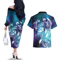 Aloha Hawaii Turtle Couples Matching Off The Shoulder Long Sleeve Dress and Hawaiian Shirt Teal Purple Ribbon - Polynesian Pride