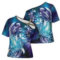 Aloha Hawaii Turtle Cross Shoulder Shirt Teal Purple Ribbon - Polynesian Pride