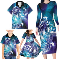 Aloha Hawaii Turtle Family Matching Long Sleeve Bodycon Dress and Hawaiian Shirt Teal Purple Ribbon - Polynesian Pride