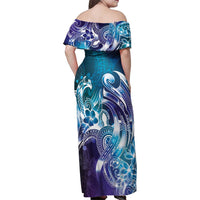 Aloha Hawaii Turtle Family Matching Off Shoulder Maxi Dress and Hawaiian Shirt Teal Purple Ribbon - Polynesian Pride