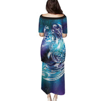 Aloha Hawaii Turtle Family Matching Puletasi and Hawaiian Shirt Teal Purple Ribbon - Polynesian Pride