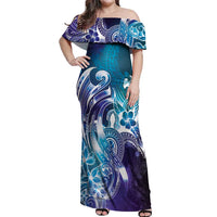 Aloha Hawaii Turtle Off Shoulder Maxi Dress Teal Purple Ribbon - Polynesian Pride
