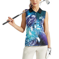 Aloha Hawaii Turtle Women Sleeveless Polo Shirt Teal Purple Ribbon - Polynesian Pride