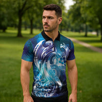 Aloha Hawaii Turtle Zipper Polo Shirt Teal Purple Ribbon - Polynesian Pride