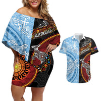 Personalised Fiji and Australia Couples Matching Off Shoulder Short Dress and Hawaiian Shirt Masi Patterns Mix Aboriginal Art LT7 Colorful - Polynesian Pride