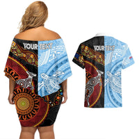 Personalised Fiji and Australia Couples Matching Off Shoulder Short Dress and Hawaiian Shirt Masi Patterns Mix Aboriginal Art LT7 - Polynesian Pride
