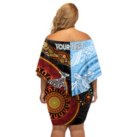 Personalised Fiji and Australia Off Shoulder Short Dress Masi Patterns Mix Aboriginal Art LT7 - Polynesian Pride