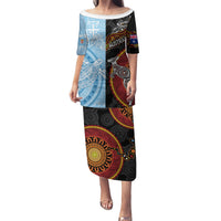 Personalised Fiji and Australia Puletasi Masi Patterns Mix Aboriginal Art LT7 Long Dress Colorful - Polynesian Pride