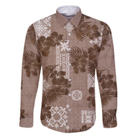 Vintage Hawaii Family Matching Off Shoulder Long Sleeve Dress and Hawaiian Shirt Hibiscus Mix Hawaiian Quilt Patches - Brown LT7 Dad's Shirt - Long Sleeve Brown - Polynesian Pride