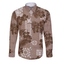 Vintage Hawaii Family Matching Off Shoulder Short Dress and Hawaiian Shirt Hibiscus Mix Hawaiian Quilt Patches - Brown LT7 Dad's Shirt - Long Sleeve Brown - Polynesian Pride