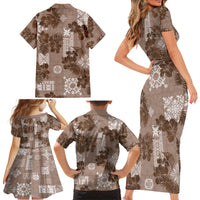 Vintage Hawaii Family Matching Short Sleeve Bodycon Dress and Hawaiian Shirt Hibiscus Mix Hawaiian Quilt Patches - Brown LT7 - Polynesian Pride