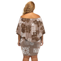 Vintage Hawaii Off Shoulder Short Dress Hibiscus Mix Hawaiian Quilt Patches - Brown LT7 - Polynesian Pride