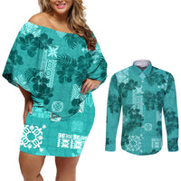 Vintage Hawaii Couples Matching Off Shoulder Short Dress and Long Sleeve Button Shirt Hibiscus Mix Hawaiian Quilt Patches - Teal LT7 Teal - Polynesian Pride