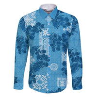 Hawaii Tapa Family Matching Puletasi Dress and Hawaiian Shirt Hibiscus Mix Hawaiian Quilt Patches - Blue LT7 Dad's Shirt - Long Sleeve Blue - Polynesian Pride