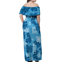 Hawaii Tapa Off Shoulder Maxi Dress Hibiscus Mix Hawaiian Quilt Patches - Blue LT7 - Polynesian Pride