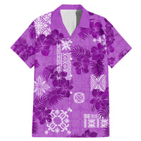 Hawaii Tapa Family Matching Mermaid Dress and Hawaiian Shirt Hibiscus Mix Hawaiian Quilt Patches - Violet LT7 Dad's Shirt - Short Sleeve Violet - Polynesian Pride