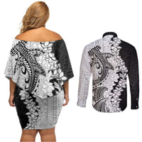 Polynesian Plumeria Lei Couples Matching Off Shoulder Short Dress and Long Sleeve Button Shirt with Hammerhead Shark