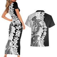 Polynesian Plumeria Lei Couples Matching Short Sleeve Bodycon Dress and Hawaiian Shirt with Hammerhead Shark
