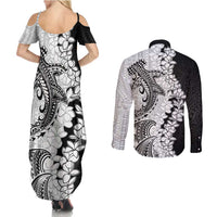 Polynesian Plumeria Lei Couples Matching Summer Maxi Dress and Long Sleeve Button Shirt with Hammerhead Shark