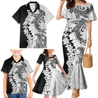 Polynesian Plumeria Lei Family Matching Mermaid Dress and Hawaiian Shirt with Hammerhead Shark