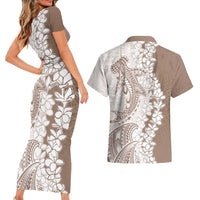 Polynesian Beige Plumeria Lei Couples Matching Short Sleeve Bodycon Dress and Hawaiian Shirt with Hammerhead Shark