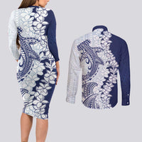 Polynesian Navy Blue Plumeria Lei Couples Matching Long Sleeve Bodycon Dress and Long Sleeve Button Shirt with Hammerhead Shark