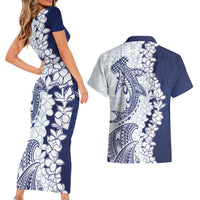 Polynesian Navy Blue Plumeria Lei Couples Matching Short Sleeve Bodycon Dress and Hawaiian Shirt with Hammerhead Shark