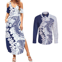 Polynesian Navy Blue Plumeria Lei Couples Matching Summer Maxi Dress and Long Sleeve Button Shirt with Hammerhead Shark