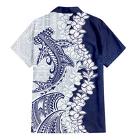 Polynesian Navy Blue Plumeria Lei Family Matching Mermaid Dress and Hawaiian Shirt with Hammerhead Shark