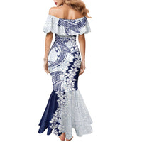 Polynesian Navy Blue Plumeria Lei Family Matching Mermaid Dress and Hawaiian Shirt with Hammerhead Shark