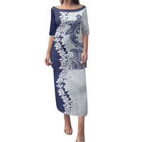 Polynesian Navy Blue Plumeria Lei Family Matching Puletasi and Hawaiian Shirt with Hammerhead Shark LT7 Mom's Dress Navy Blue - Polynesian Pride