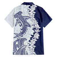 Polynesian Navy Blue Plumeria Lei Family Matching Summer Maxi Dress and Hawaiian Shirt with Hammerhead Shark