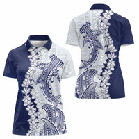 Polynesian Navy Blue Plumeria Lei Women Polo Shirt with Hammerhead Shark
