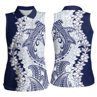Polynesian Navy Blue Plumeria Lei Women Sleeveless Polo Shirt with Hammerhead Shark LT7 - Polynesian Pride