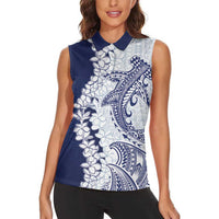 Polynesian Navy Blue Plumeria Lei Women Sleeveless Polo Shirt with Hammerhead Shark LT7 - Polynesian Pride