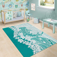 Polynesian Teal Plumeria Lei Area Rug with Hammerhead Shark