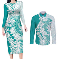 Polynesian Teal Plumeria Lei Couples Matching Long Sleeve Bodycon Dress and Long Sleeve Button Shirt with Hammerhead Shark