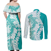 Polynesian Teal Plumeria Lei Couples Matching Off Shoulder Maxi Dress and Long Sleeve Button Shirt with Hammerhead Shark