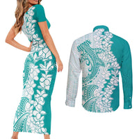 Polynesian Teal Plumeria Lei Couples Matching Short Sleeve Bodycon Dress and Long Sleeve Button Shirt with Hammerhead Shark