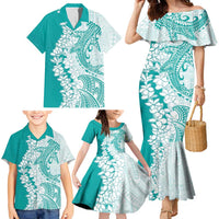 Polynesian Teal Plumeria Lei Family Matching Mermaid Dress and Hawaiian Shirt with Hammerhead Shark