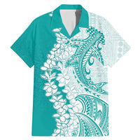 Polynesian Teal Plumeria Lei Family Matching Mermaid Dress and Hawaiian Shirt with Hammerhead Shark