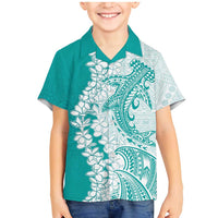 Polynesian Teal Plumeria Lei Family Matching Mermaid Dress and Hawaiian Shirt with Hammerhead Shark