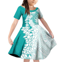 Polynesian Teal Plumeria Lei Family Matching Off Shoulder Short Dress and Hawaiian Shirt with Hammerhead Shark