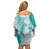 Polynesian Teal Plumeria Lei Family Matching Off Shoulder Short Dress and Hawaiian Shirt with Hammerhead Shark