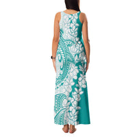 Polynesian Teal Plumeria Lei Family Matching Tank Maxi Dress and Hawaiian Shirt with Hammerhead Shark