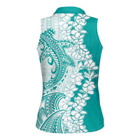 Polynesian Teal Plumeria Lei Women Sleeveless Polo Shirt with Hammerhead Shark LT7 - Polynesian Pride